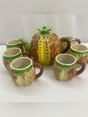 Vintage Ceramic Pineapple Tropical 7 piece Tea Set 1950s - 60s Tiki Kitschy Mod